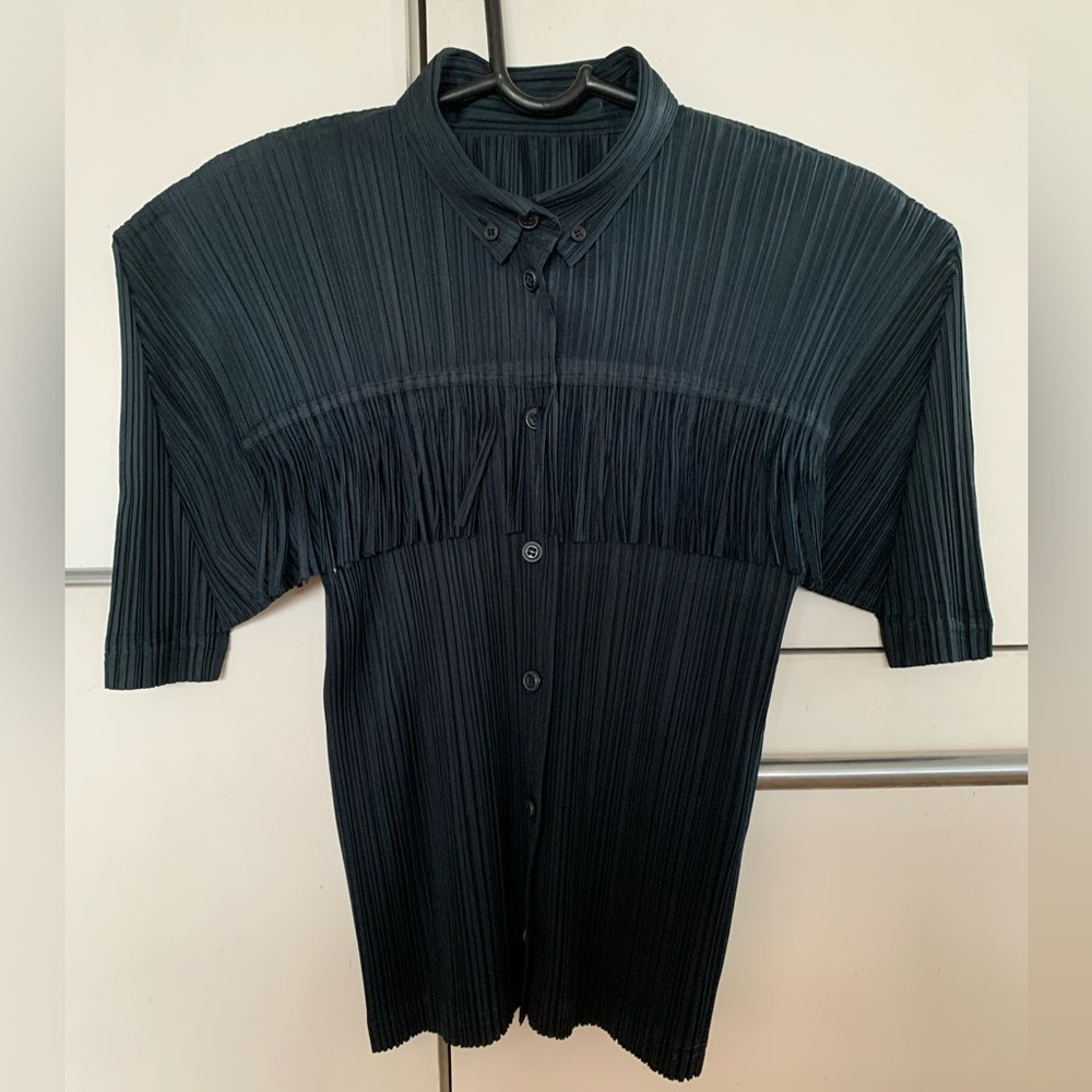 VTG Issey Miyake Pleats Please Archival Fringe Plissé Button Down Shirt Black